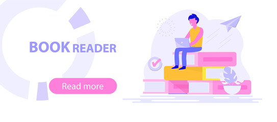 A man sitting on a stack of books and using his laptop. E-learning, webinar, online video training, distance learning concept. Vector