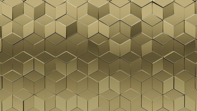 3D Tiles arranged to create a Gold wall. Diamond shaped, Luxurious Background formed from Glossy blocks. 3D Render