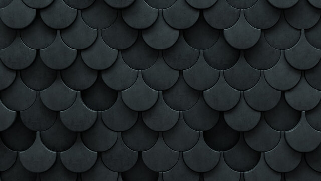 Futuristic Tiles arranged to create a Fish Scale wall. Semigloss, Concrete Background formed from 3D blocks. 3D Render