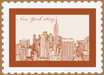 Vector image of a postage stamp with a panoramic view of New York in a graphic style, sketch, sketching