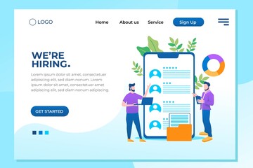 Social presentation for employment. Infographic for recruiting. Web recruit resources, choice, research or fill form for selection. Application for employee hiring. flat vector illustration