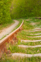 Abandoned railroad with rusty rails and rotten wooden sleepers in the forest. Concept of crisis in transportation