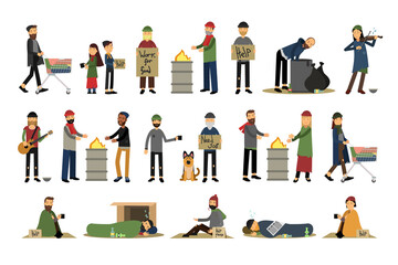 Homeless People Characters Begging for Work and Food Vector Illustration Set