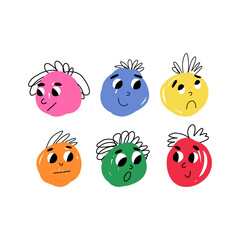 Cute abstract faces with various emotions set. Vector cartoon isolated illustration.