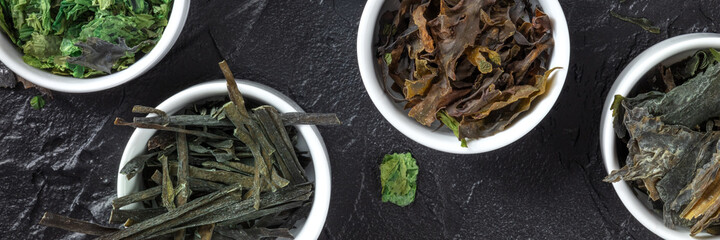 Sea vegetables panorama. Many different edible algae