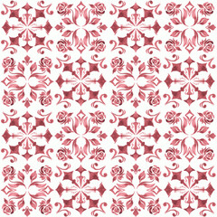 Hand-painted watercolor Portuguese tiles with red ornament. Seamless pattern on white background.