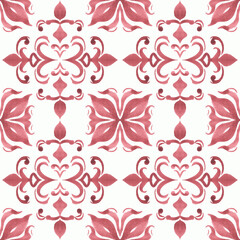 Hand-painted watercolor Portuguese tiles with red ornament. Seamless pattern on white background.