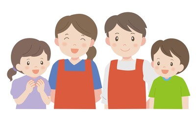 エプロン姿の男女スタッフと子供達 