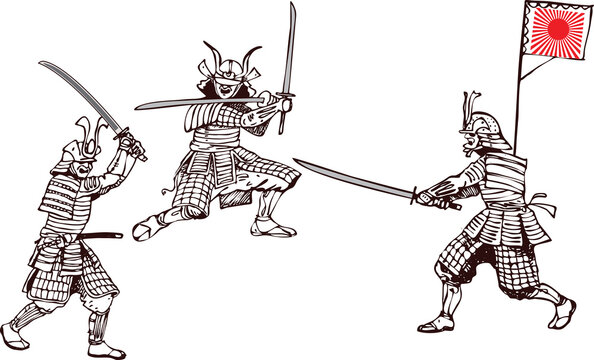 Vector image of a samurais attacking with sword and armor in art sketch style.	