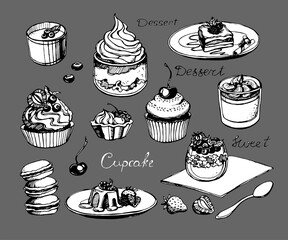 set of desserts with cream and berries, black and white, hand drawn