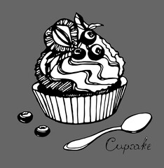 dessert with cream, strawberries and blueberries, with a spoon, black and white, hand drawn 