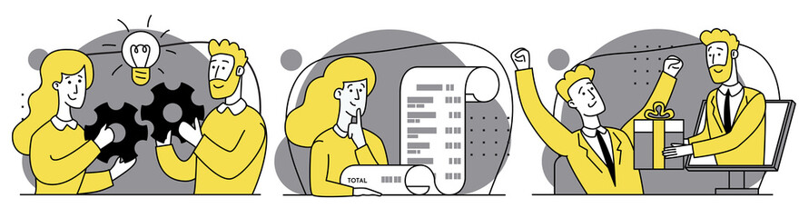 Business cooperation. Creating ideas. Cost account. Database analysis. Promotion to encourage customers. Modern style outline set vector flat illustration. Scenes business strategy activity 