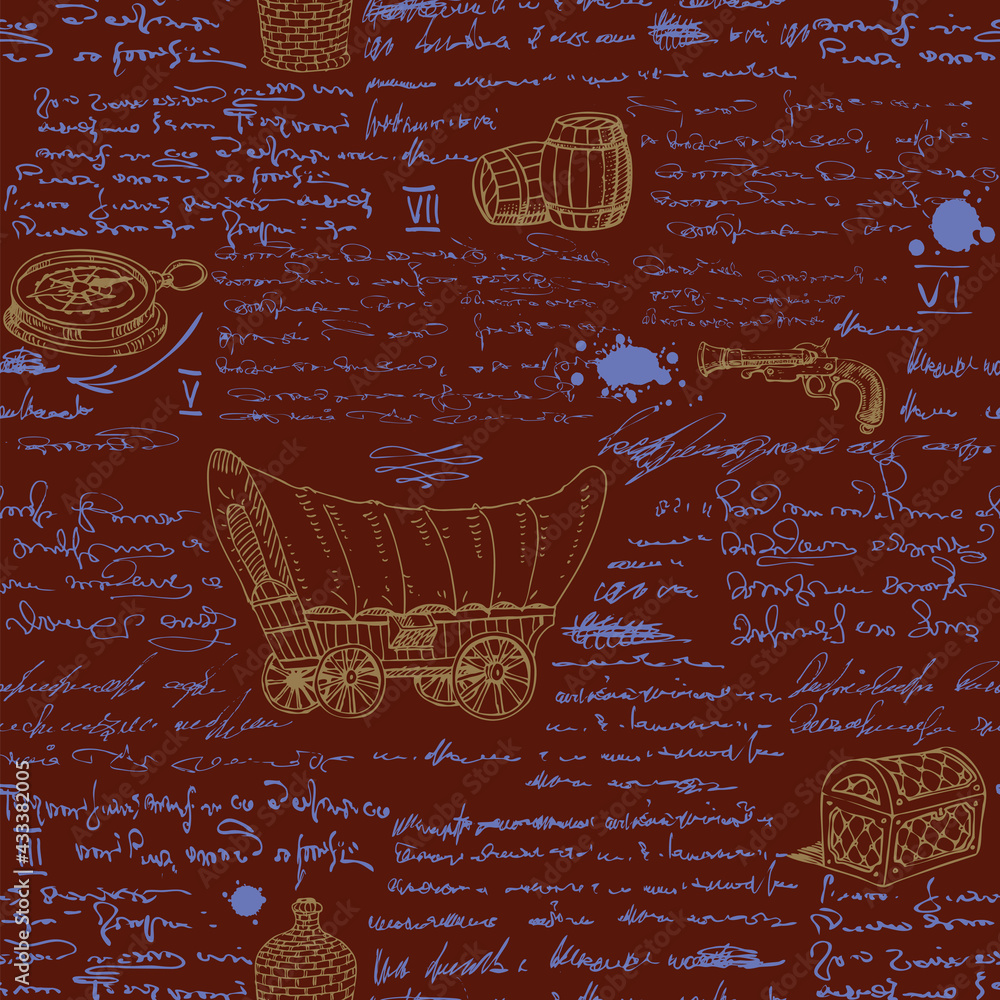 Poster vector image of a seamless texture in the style of writing in the diary of a traveler sketches outli