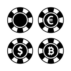 Poker chips vector set. Dollar, euro, bitcoin symbol. Casino chips. Chip vector icon isolated on white background. Vector icon for web application or UI. 