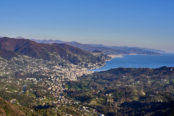 Fototapeta na wymiar Panorama of the Gulf of Tigullio along the Riviera di Levante, Liguria,Italy