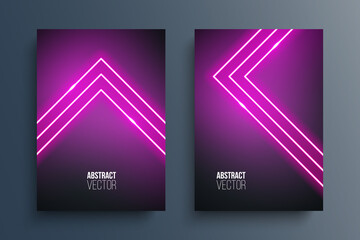 Neon glowing purple arrow pointer on black background. Neon arrow. Colorful and shining light sign. Futuristic cover design. Vector illustration.