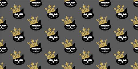Seamless pattern with a black cat with a gold crown on his head, wallpaper. Vector illustration for design.