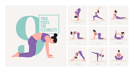 yoga poses for Flexibility. Young woman practicing Yoga pose. Woman workout fitness, aerobic and exercises. Vector Illustration.