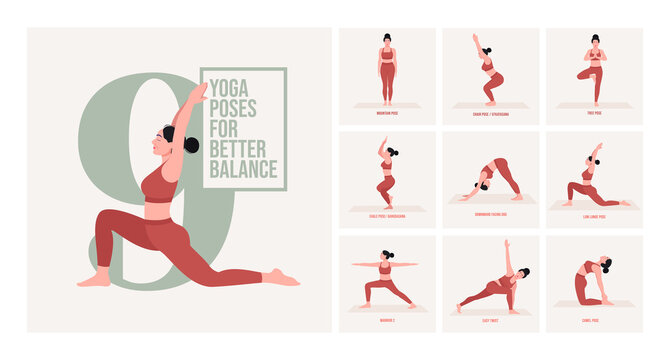 yoga poses for Better Balance. Young woman practicing Yoga pose. Woman workout fitness, aerobic and exercises. Vector Illustration.
