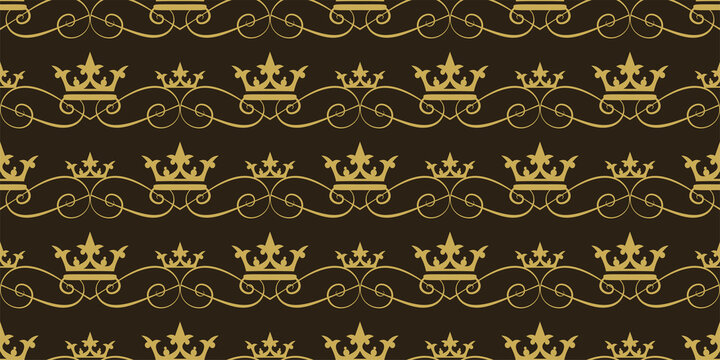 Background pattern with royal crowns on a black background, vintage style wallpaper. Seamless pattern, texture. Vector image