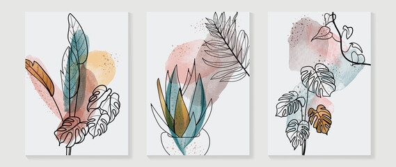 Topical leaves abstract watercolor art background vector. Wall arts design with earth tone and watercolor brush texture.