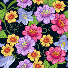 Floral seamless background. Colorful flowers on a dark background. Vector design.