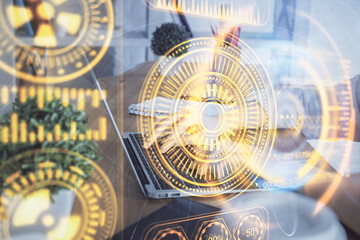 Double exposure of woman hands typing on computer and technology theme drawing. High Tech concept.