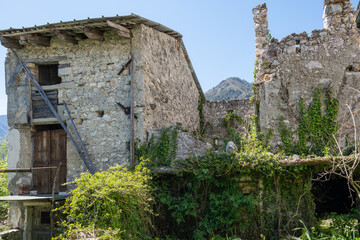 The abandoned and dilapidated mountain village of Moggessa, carnic Alps, Moggio Udinese, Udine province, Friuli Venezia Giulia, Italy. Earthquake consequence.