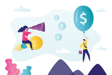 Businesswoman looking for investor for ideas. Male character flying on big balloon