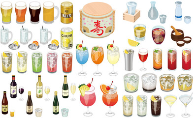 お酒・カクテルの人気メニューイラスト①（ビール、日本酒、ワイン、サワー、ハイボール） - obrazy, fototapety, plakaty