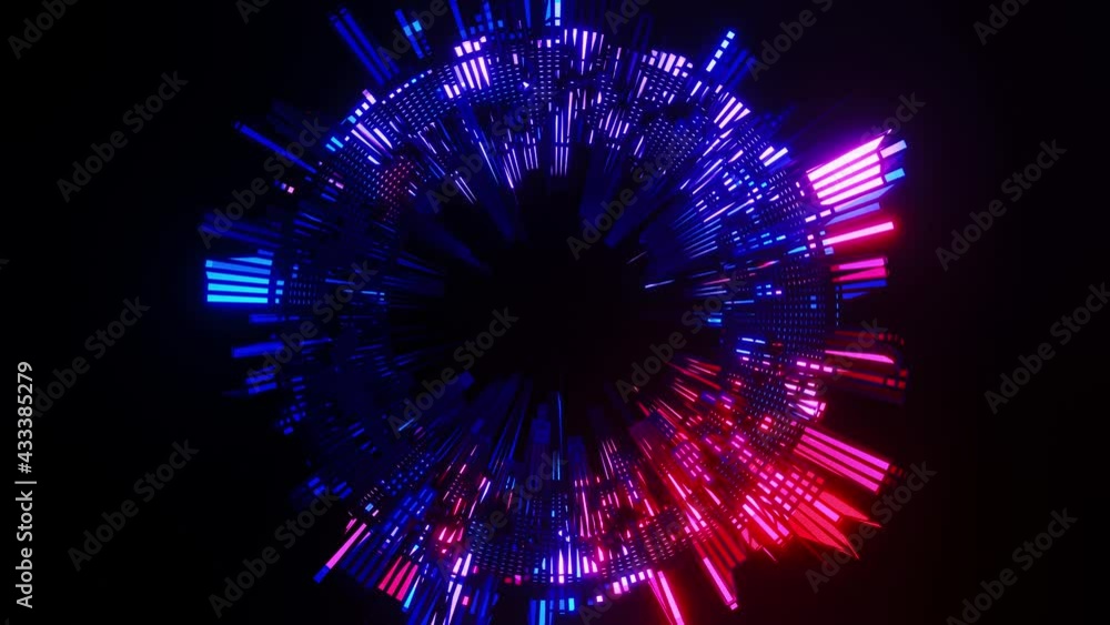 Poster 4k video animation of a colorful 3d sci-fi alien space object with glowing energy light, backward mo
