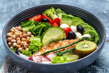 Buddha bowl dish with chicken fillet, avocado, asparagus, chickpeas, broccoli, radish, chicken, cucumber, tomatoes, olives, mozzarella. Detox and healthy superfoods concept, top view