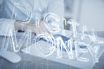 Double exposure of man's hands holding and using a phone and crypto currency blockchain theme drawing.