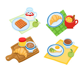 Cartoon set with different types of breakfast isolated on white