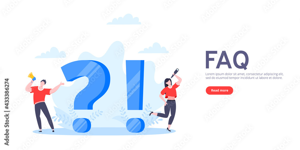 Poster q and a or faq concept with tiny people characters, big question and exclamation mark, frequently as