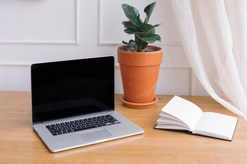 A minimal table scene of laptop with blank screen, ficus in ceramic pot, notebook open at blank page and linen curtain. Modern workplace. Copy space.