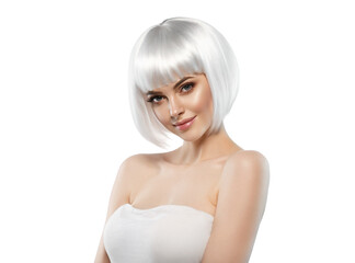 Young beautiful woman with blonde short hair bob style isolated on white healthy beauty skin - obrazy, fototapety, plakaty