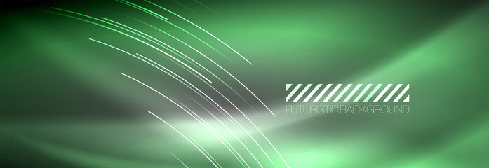 Neon glowing lines, magic energy and light motion background. Vector wallpaper template