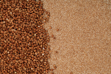 Organic buckwheat and buckwheat flour (ground grits) or flake, closeup. Natural food background with copy space. Design element