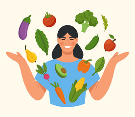Healthy food concept. Young woman surrounded by fresh vegetables and fruits. Raw food, veganism and vegetarianism. Healthy and beneficial food. Flat vector illustration isolated on white background.