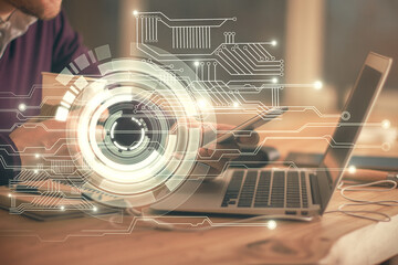 Fototapeta premium Multi exposure of man's hands holding and using a digital device and data theme drawing. Innovation concept.
