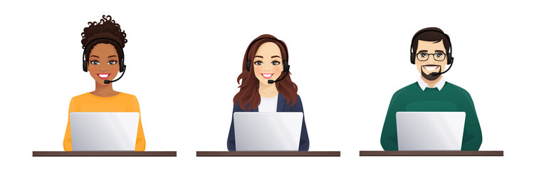 Women and men in headphones with laptop. Customer support operator team vector illustration isolated - obrazy, fototapety, plakaty