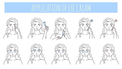 Eye cream application steps, vector illustration. Anti aging, dark circles, face skin care routine, beauty procedure.
