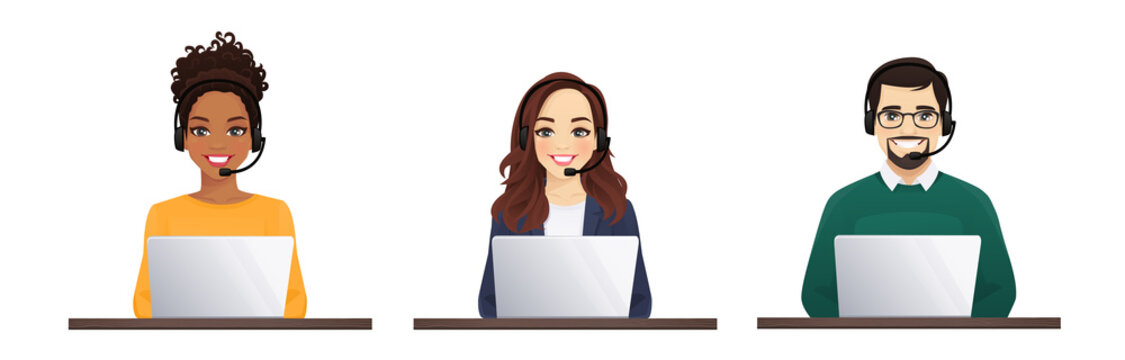 Women And Men In Headphones With Laptop. Customer Support Operator Team Vector Illustration Isolated