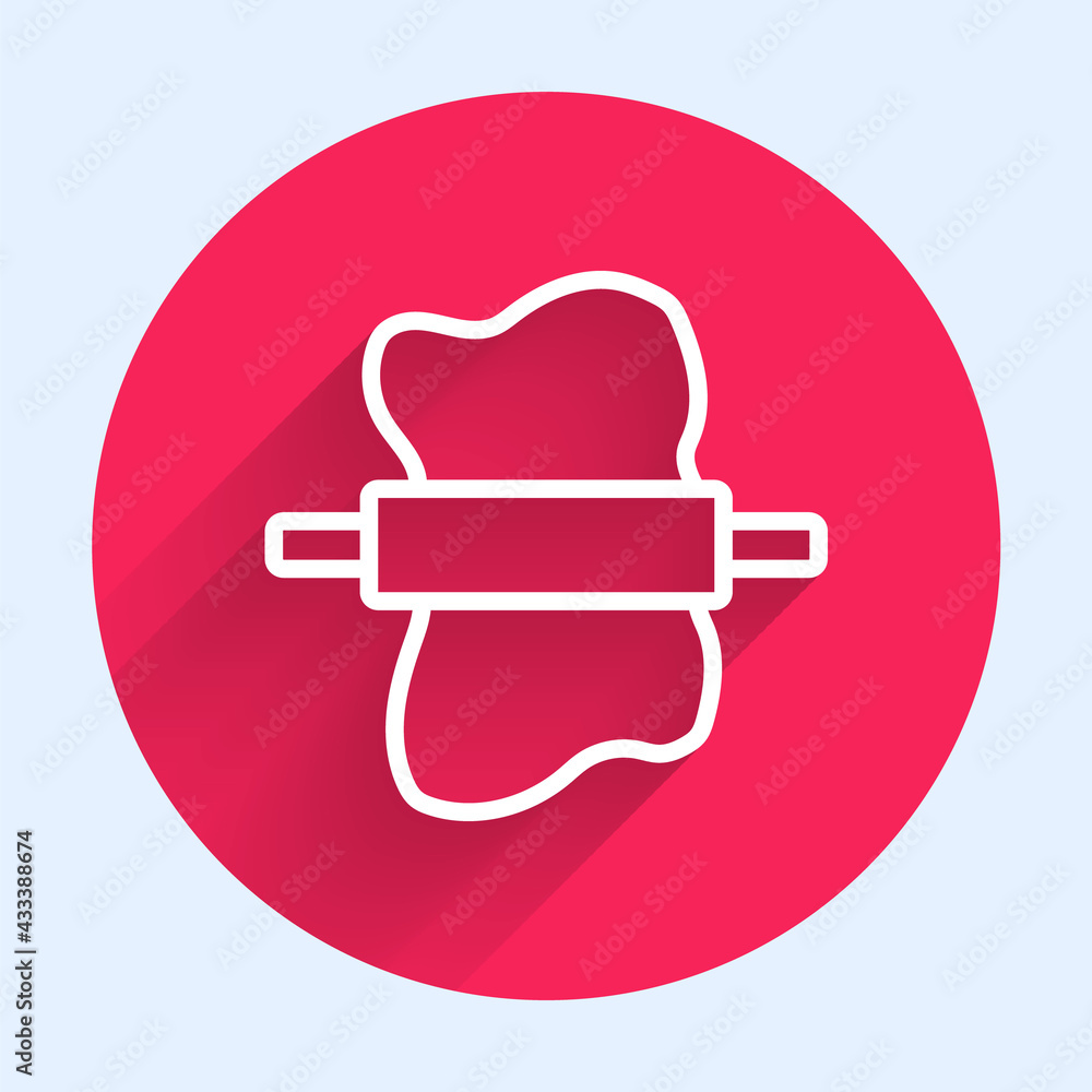 Poster white line rolling pin on dough icon isolated with long shadow. red circle button. vector