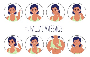 Facial massage with rose quartz roller guide, flat vector illustration. Face skin care routine and beauty procedure.