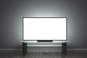 Mockup TV. Large LCD TV in a dark room on a glass table. 3d rendering.