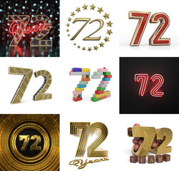 Set of seventy-two year birthday. Number 72 graphic design element