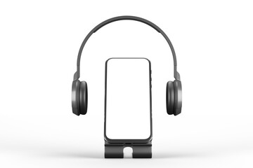 Mockup of a smartphone on a stand with headphones on a white background. 3d rendering.