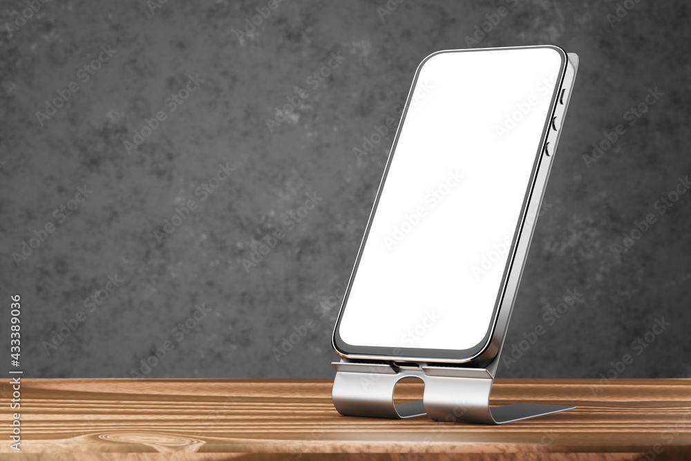 Aufkleber smartphone mockup with white screen. a mockup of a smartphone on a stand on a wooden table and a dar